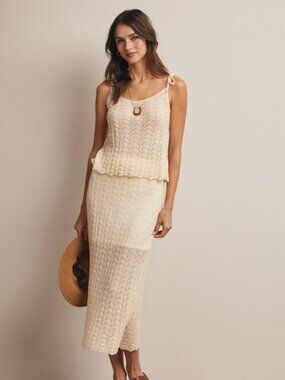 Pointelle Knit Midi Skirt in Cream